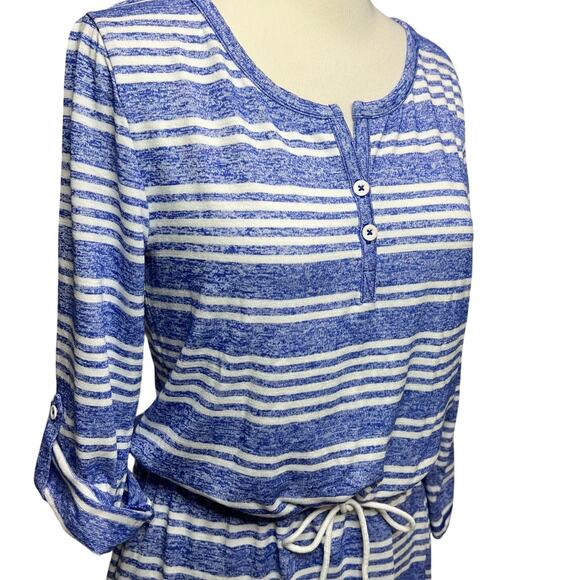 T by Talbots Dress M Blue White Stripe Drawstring Roll Tab Nautical Coastal Soft - Picture 4 of 13